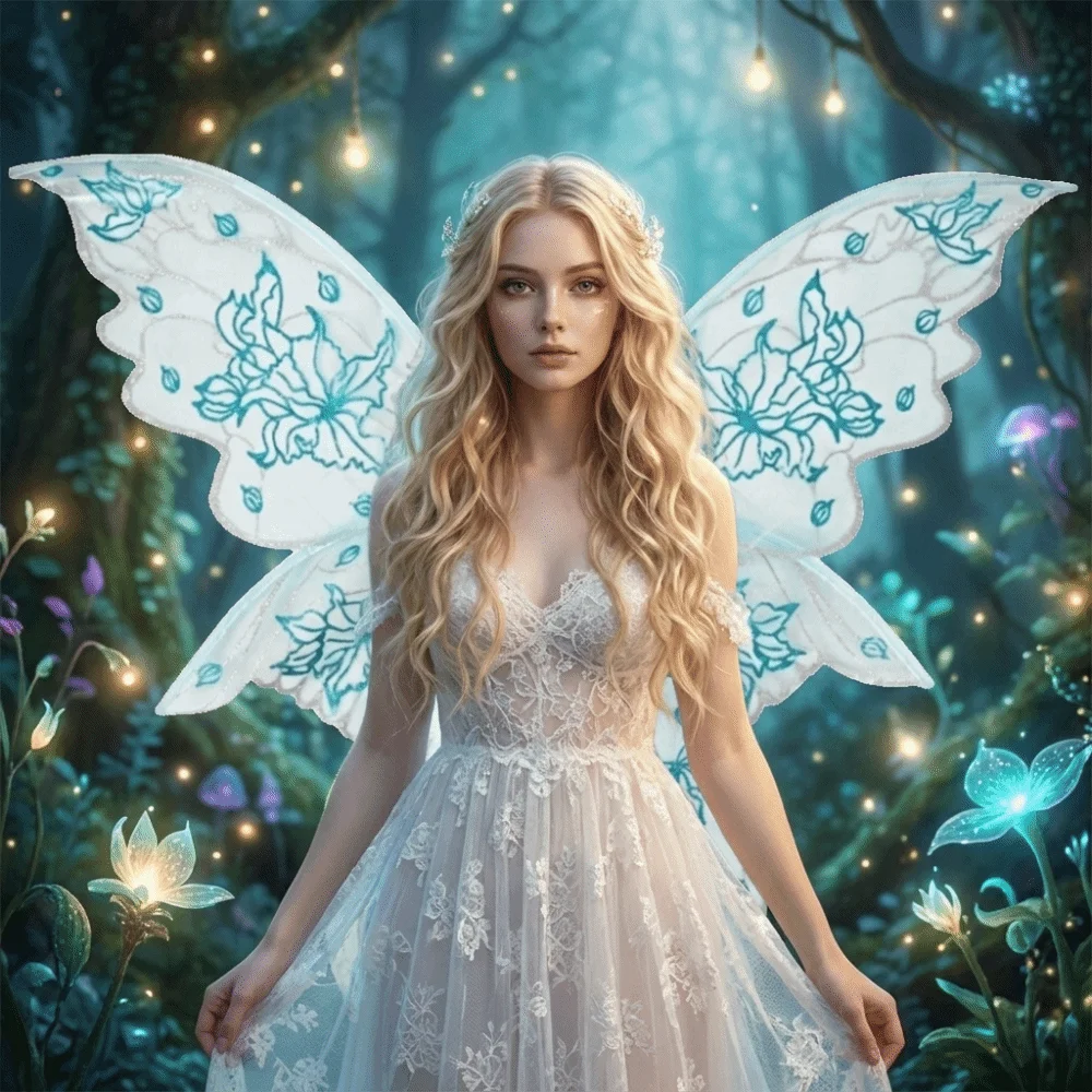 Golden-Stamped Glitter Butterfly Wings Gradient Floral Print Iridescent Sheer Mesh Fairy Elf Wings Adjustable Lightweight