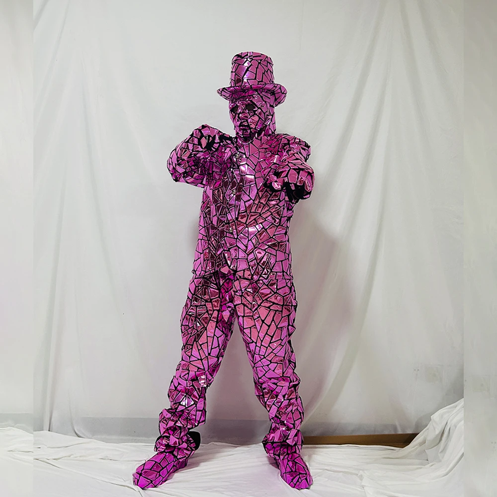 光沢のあるピンクのミラーメンズ仮面舞踏会コスチューム、ヒップホップダンスクルーコスチューム、バーステージパフォーマンス衣装、ホリデーパーティーコスチューム