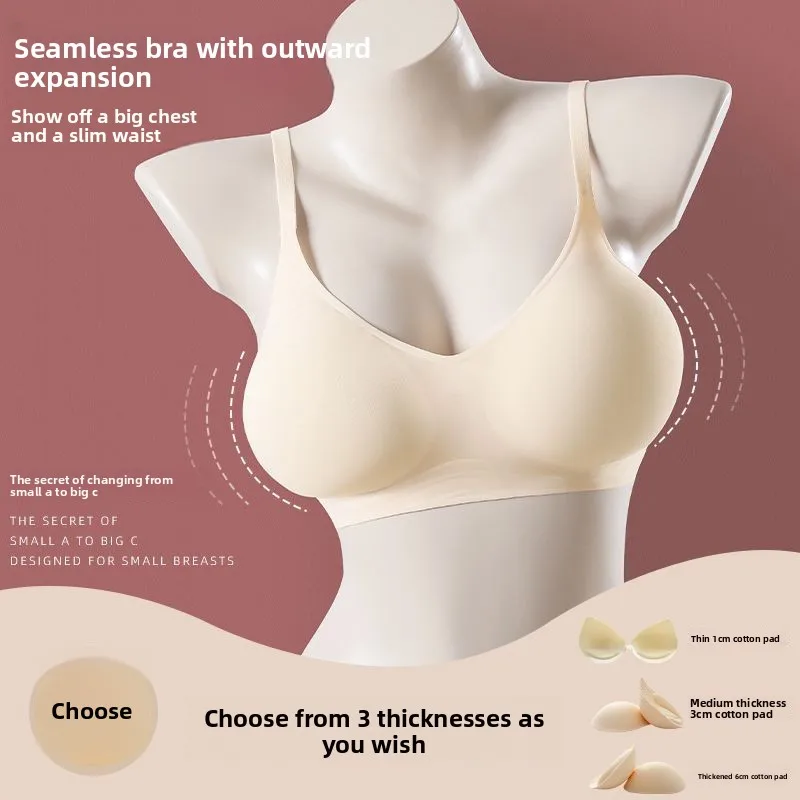 小さな胸の女性のためのプッシュアップパッド入りブラ、フラットな胸のためのシームレスなワイヤレスエンハンサー