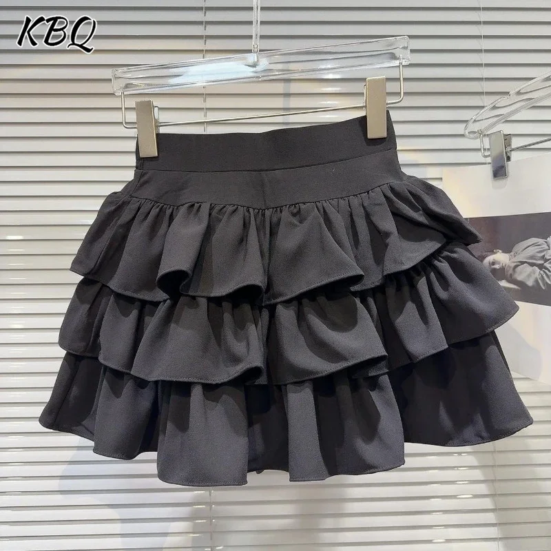 

KBQ Sweet Socialite Solid Color Multi-layer Lotus Leaf Lace High Waisted Cake Skirt Short Skirt For Women Spring Fashion New