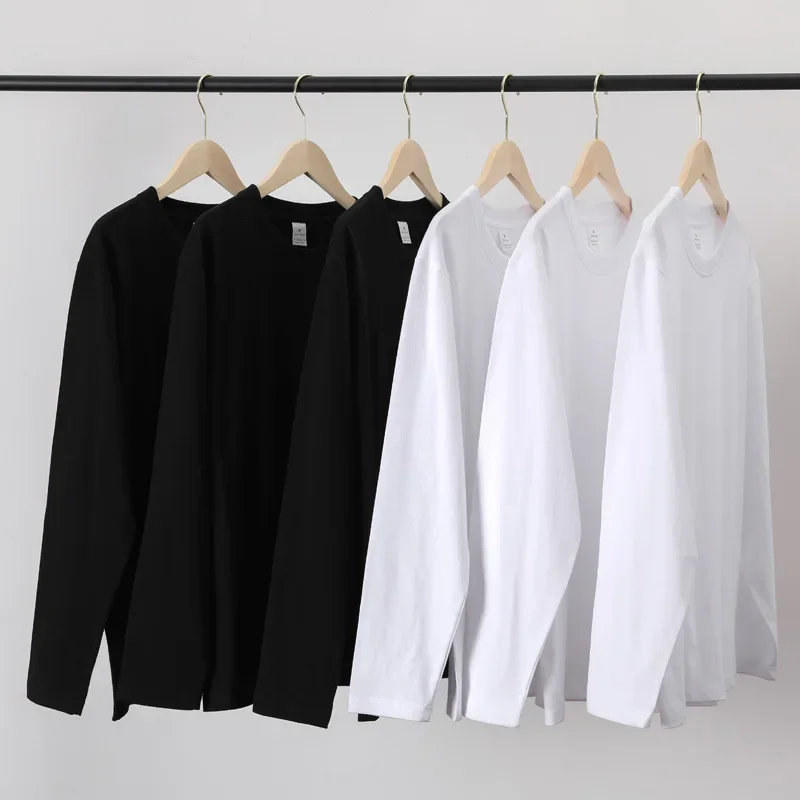 Skin Friendly 100% Cotton T-shirt for Women Men Solid Color Long Sleeve Base Layer Top Woman Heavyweight Cotton Crew Neck Tees