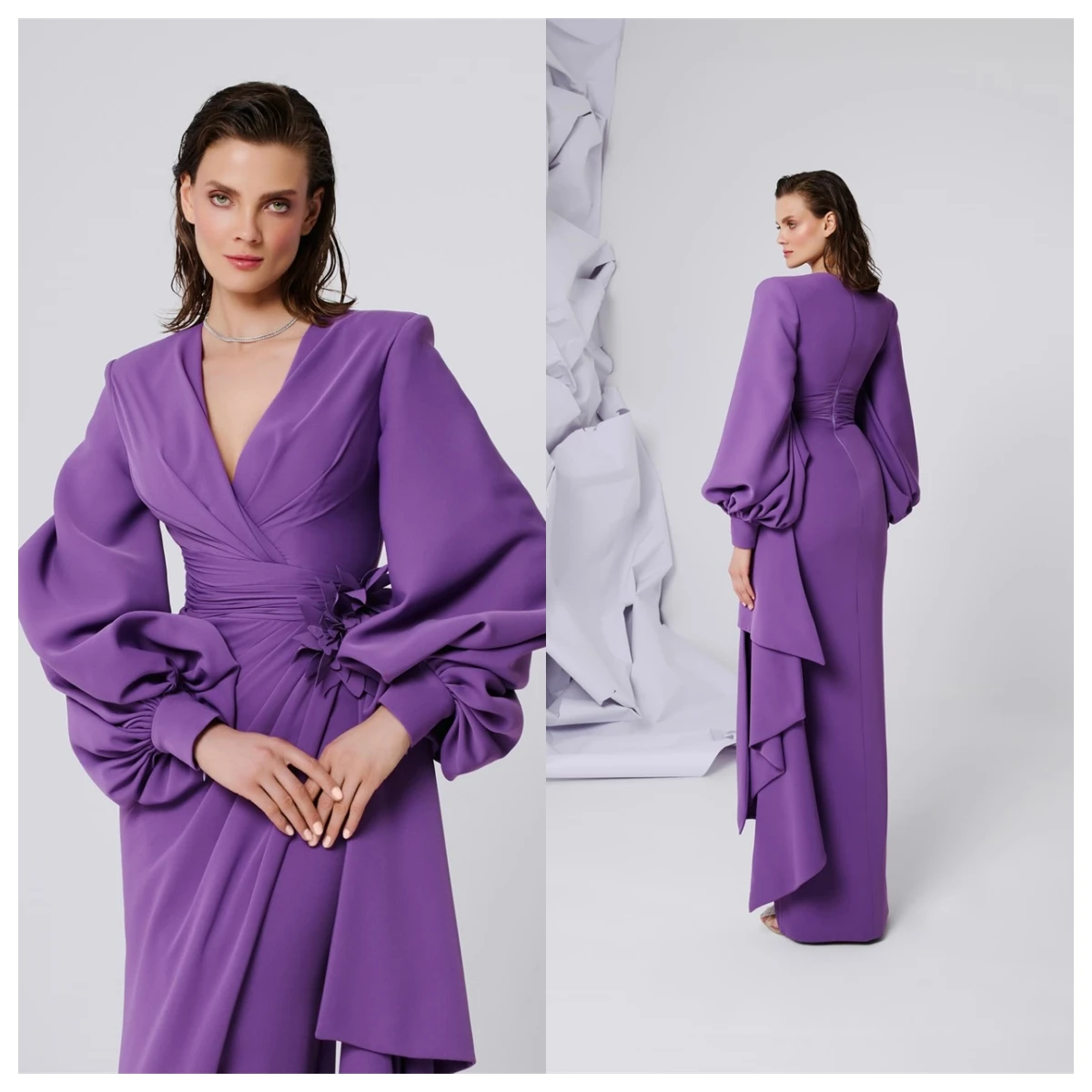 

Customized Formal Purple Jersey Evening Dress V-Neck Long Sleeves Bespoke Occasion Gowns Flowers Party Dress High Qual