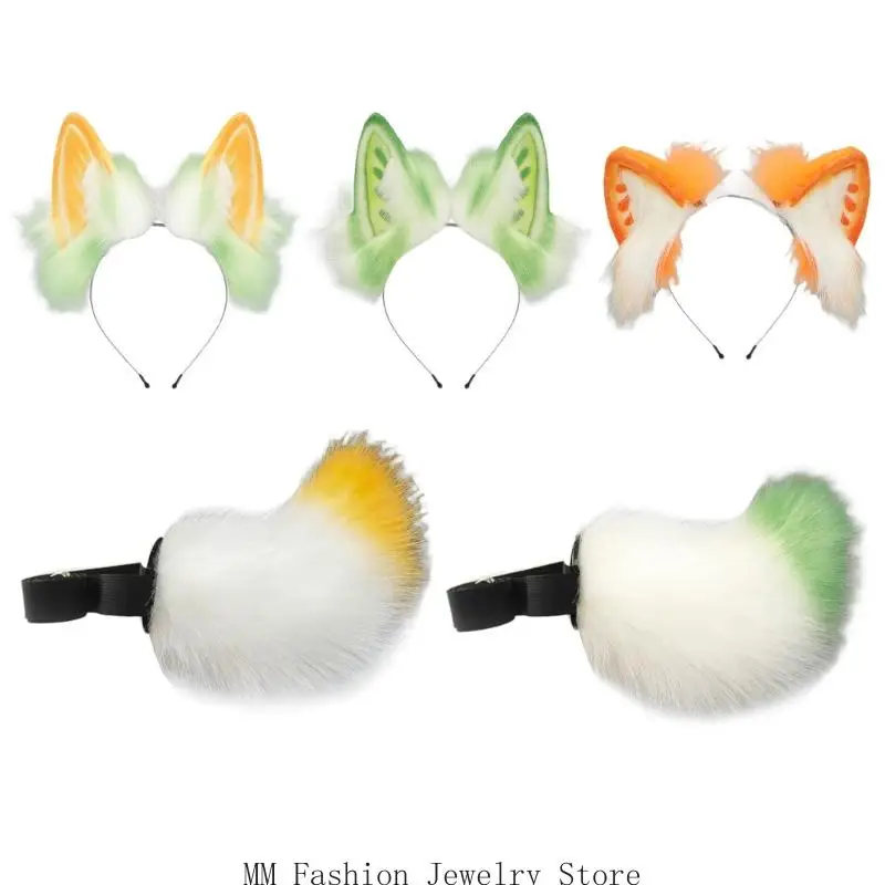 

D0UB Animal Ears Headbands Animal Tail Bunnies Costumes Bunnies Ears Headband Faux Furs Tail Halloween Cosplay Party Costume