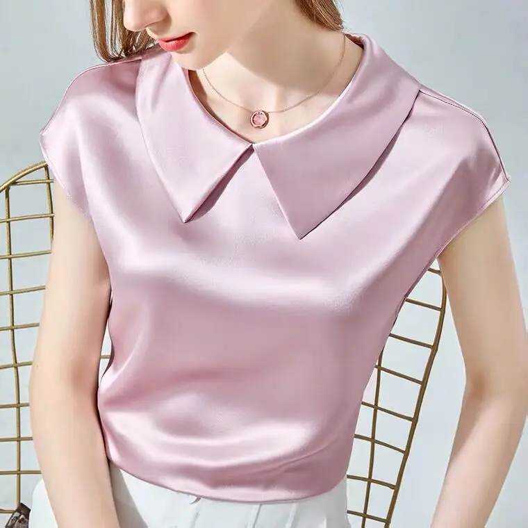 Acetate satin Blouse Women Fashion Ice silk Shirt Doll Collar White Girlish blouse Short Sleeve elegant artificial silk tops