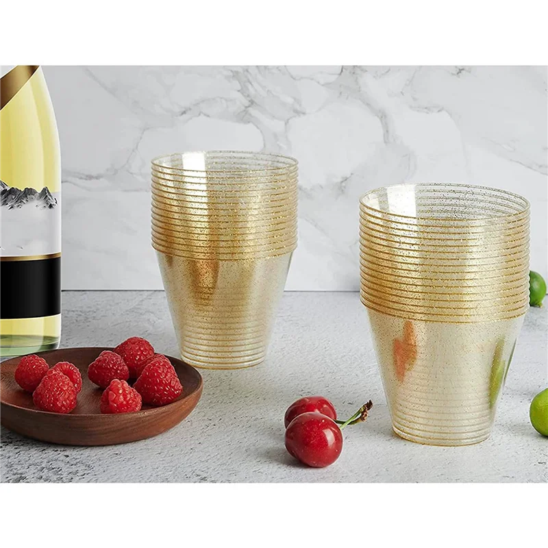 

【Berserkk】Gold Plastic Cups Clear Plastic Wine Glasses, Fancy Disposable Hard Plastic Cups With Gold Glitter For Party Cups 125P