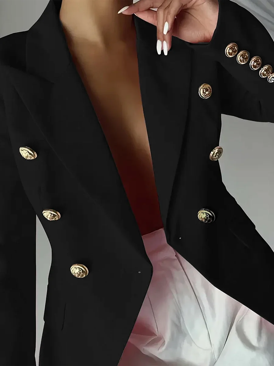 Eleganter Büro-Blazer für Damen, doppelreihig, schmal geschnitten, mit Revers, luxuriöse Metallknöpfe in Löwenkopf-Form, Knopfleiste am Kragen, Anzugjacke – Detail 1