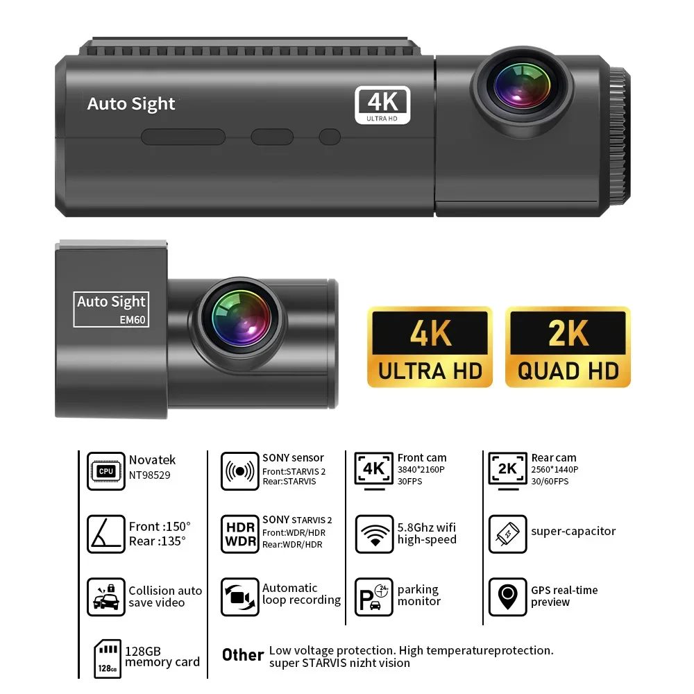 

2025 4K AutoSight Safety Net Monitor Starvis 2 Super Night Vision Car Front Rear Dash Cam Security Camera for Phones APP Control