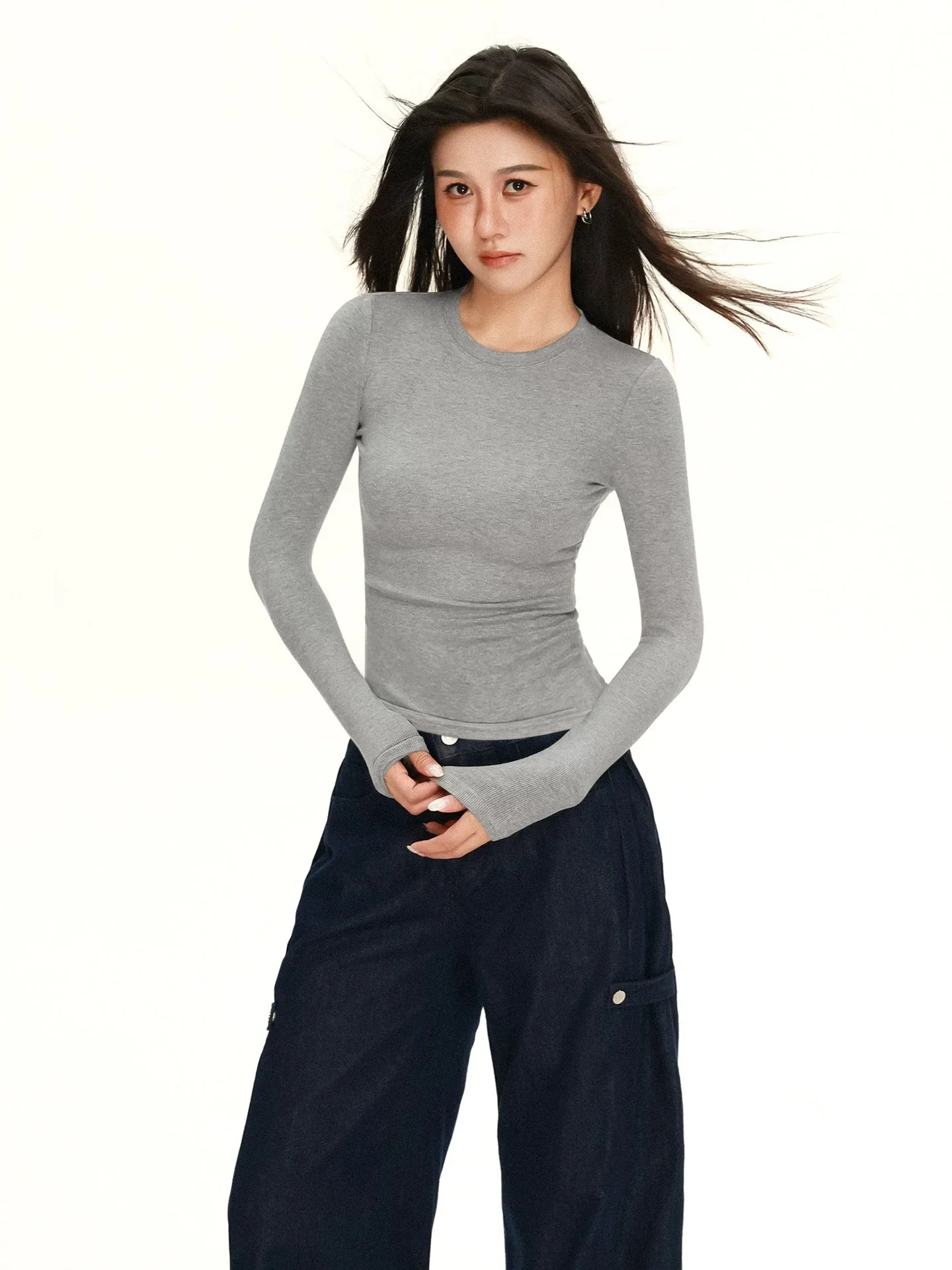 Women's Long Sleeve round Neck Base Shirt 95 Cotton plus Size Slim Fit  Color T-Shirt Shoulder Width Regular Cotton Blend