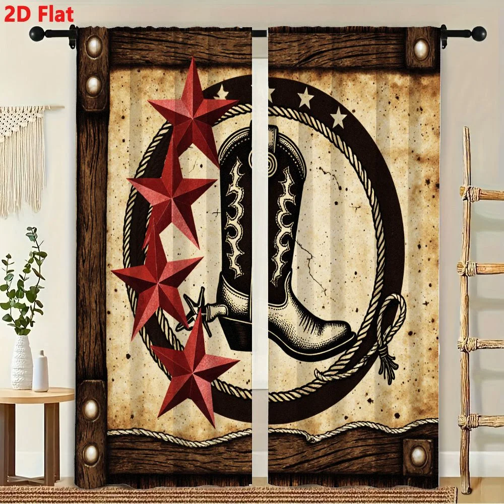 2Pcs Curtains 2D Flat WESTERN COWBOY BOOT DECORATIVE GRAPHIC RUSTIC BLACK WHITE ILLUSTRATION WITH ROPING STARS TEXTURED AGED PAP 3