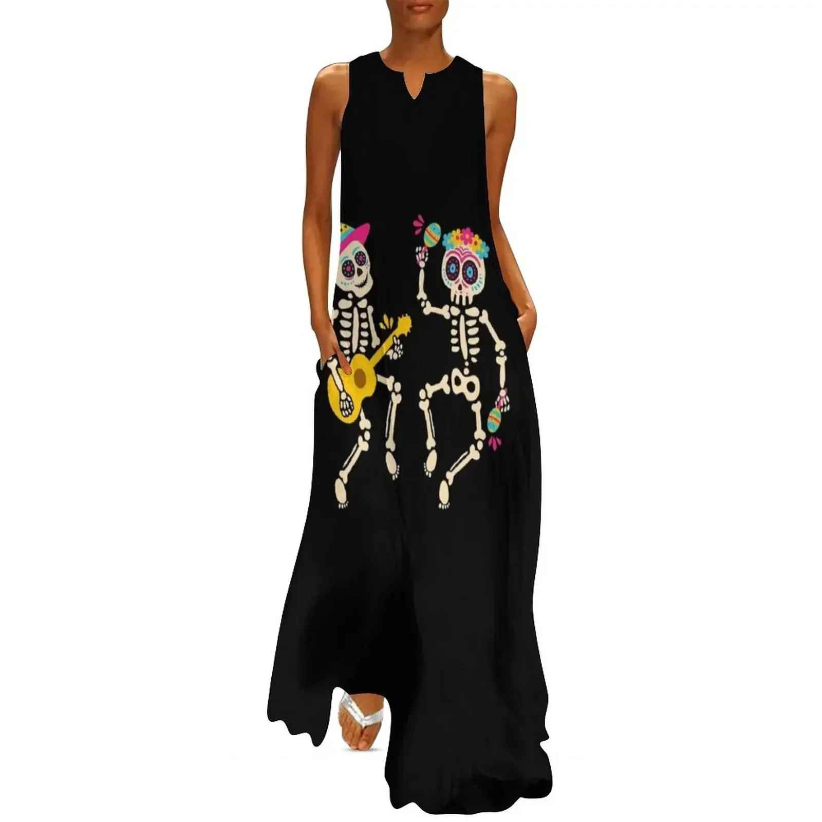

Dia De Los Muertos Skeleton Dancing Skull Day Of The Dead Long Dress Women's summer suit Dress