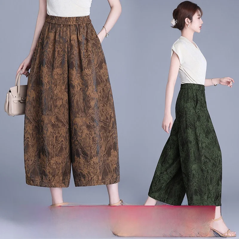 

Ultra-Thin Floral Embroidery Silk Wide Leg Pants Women's Casual High Waist Elastic Lantern Pants Nine Points Flower Bud Pants