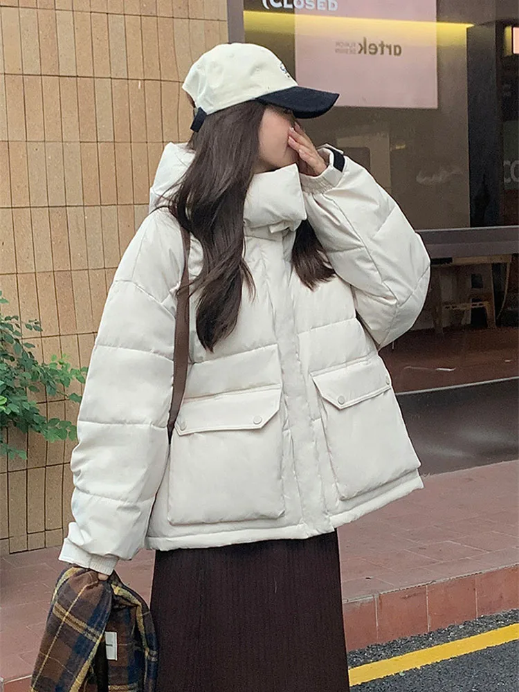 

2023 Safari Style Oversize Loose Winter Short Coat Women Down Cotton-padded Jacket Hooded Parka Student Thicken Warm Outerwear