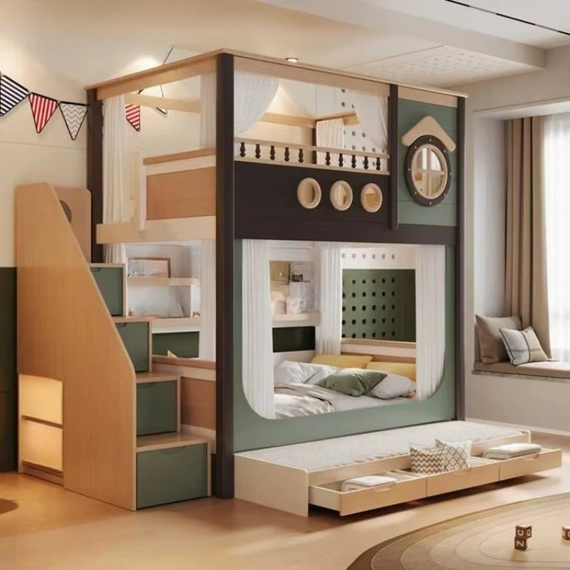 

New Children's Bunk Beds Hot Sales Wood Frame Mother Cum Kids Bed Multi-Functional Combination Bunk Beds With Display Shelf
