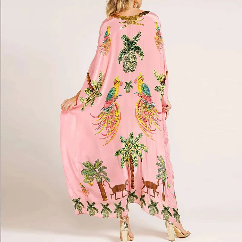 Casual Long Sleeve Bohemian Beach Dress 2025 Women Elegant V-neck Loose Party Dress Fashion Pattern Printed Pullover Long Dress