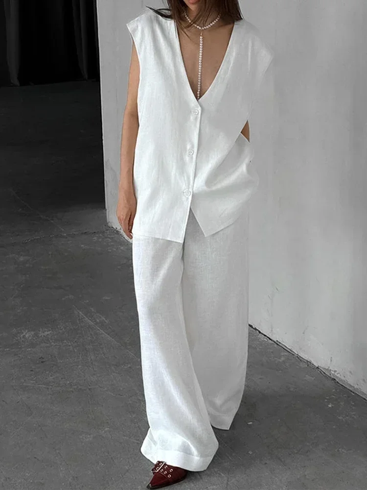

Women Pant Sets Solid Cotton Lined V-neck Oversize Sleeveless Vest Elastic Loose Waist Pants Female Suit 2025 Summer Lady Outfit