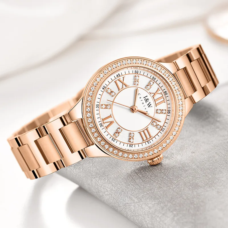 I&W CARNIVAL Luxury Women's Quartz Watch Ultra-Thin 8 MM Waterproof Diamond Steel Case Japan MIYOTA Movement 603L Model