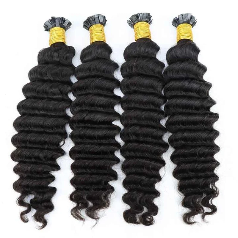 Deep Wave Flat Tip Hair Extensions 100% Virgin Human Hair #1B Natural Black Keratin Bond Extensions 10A Indian Hair 30 inch