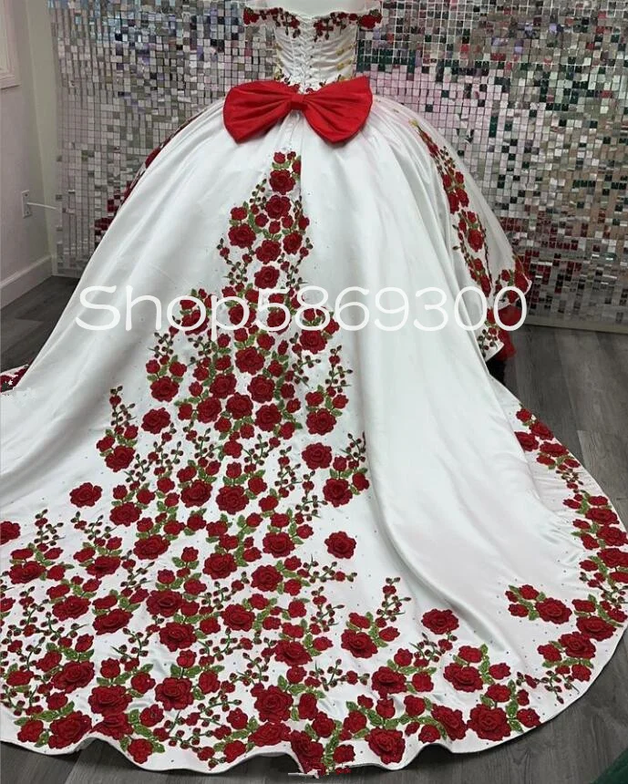 Vestidos quinceanera bordados de rosas vermelhas mexicanas com laço espartilho personalizado charro baile de formatura aniversário doce 15 vestido