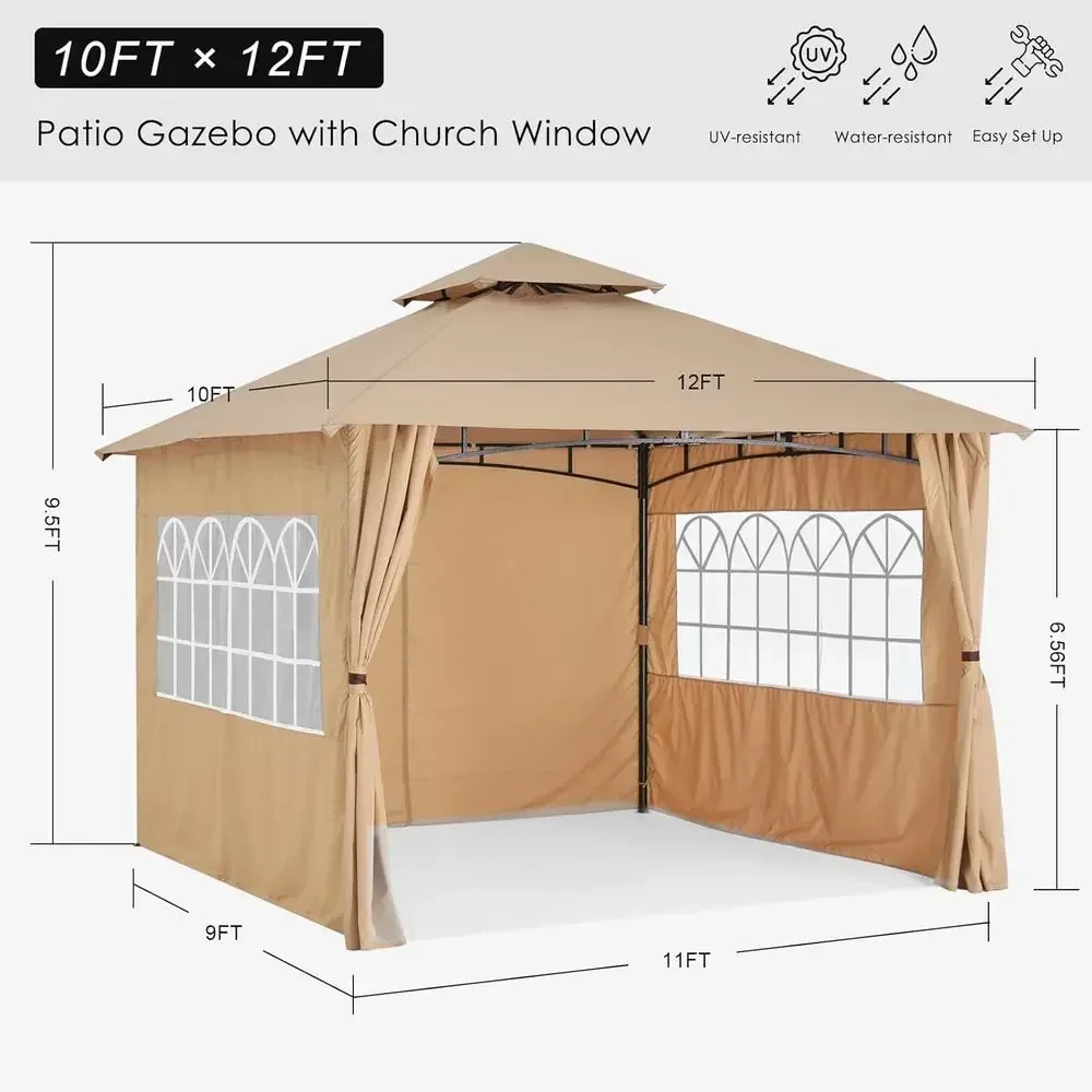 10x12 Beige Steel Outdoor Gazebo with Window Curtains