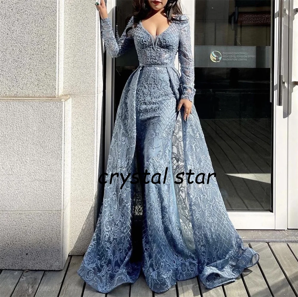 Dubai Elegant Beaded Muslim Blue Long Mermaid With Train Luxury Evening Dresses Gowns for Woman Party Formal Dress HO1052