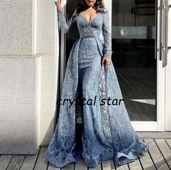 Dubai Elegant Beaded Muslim Blue Long Mermaid  With Train Luxury Evening Dresses Gowns for Woman  Party  Formal Dress HO1052