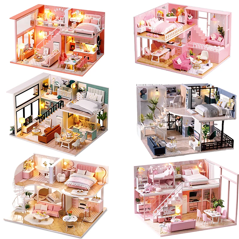 Mini Doll House DIY Handmade Duplex Apartment Production 3D Puzzle Assembly Building Toy Decoration with Furniture Wooden Crafts