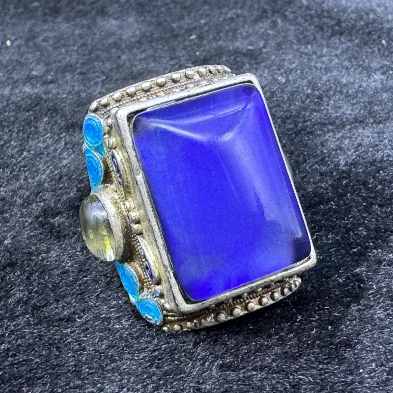 2026Vintage Open Adjustable Ring Cloisonne Enamel Setting Inlaid Square Thermochromic Mood Stone Retro Ethnic Silver‑Tone Statee