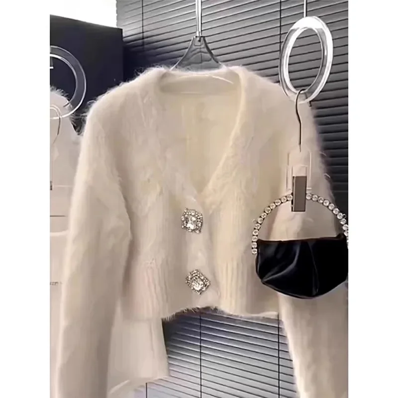 Women Deep V Neck Soft Knitted White Cardigan Crystal Beads Buttons Long Sleeve Short Sweater Top Spring Fashion Casual Knitwear