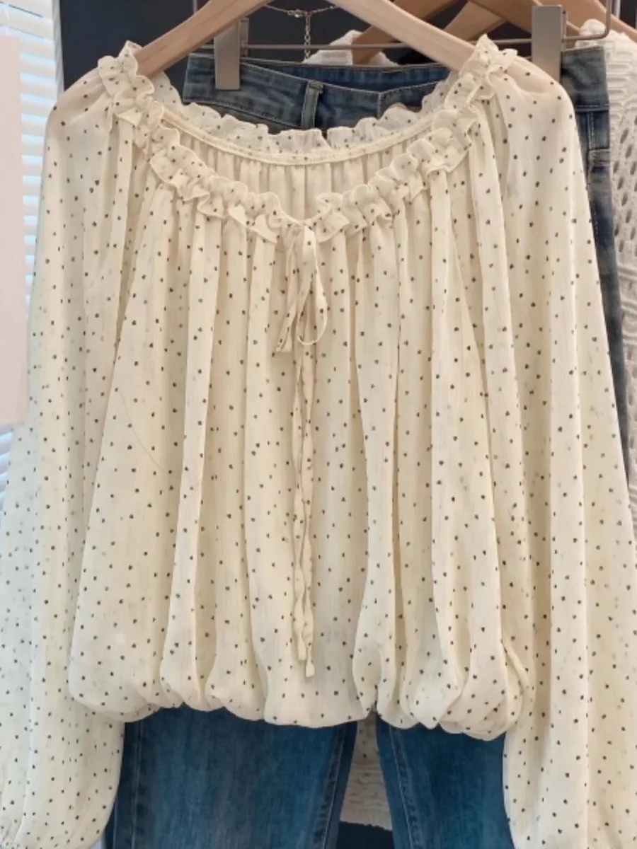 Summer New Polka Dot Chiffon One Shoulder Thin Long Sleeve Women's Shirt Korean Style Commute Fashion plus Size Anti-Aging Top
