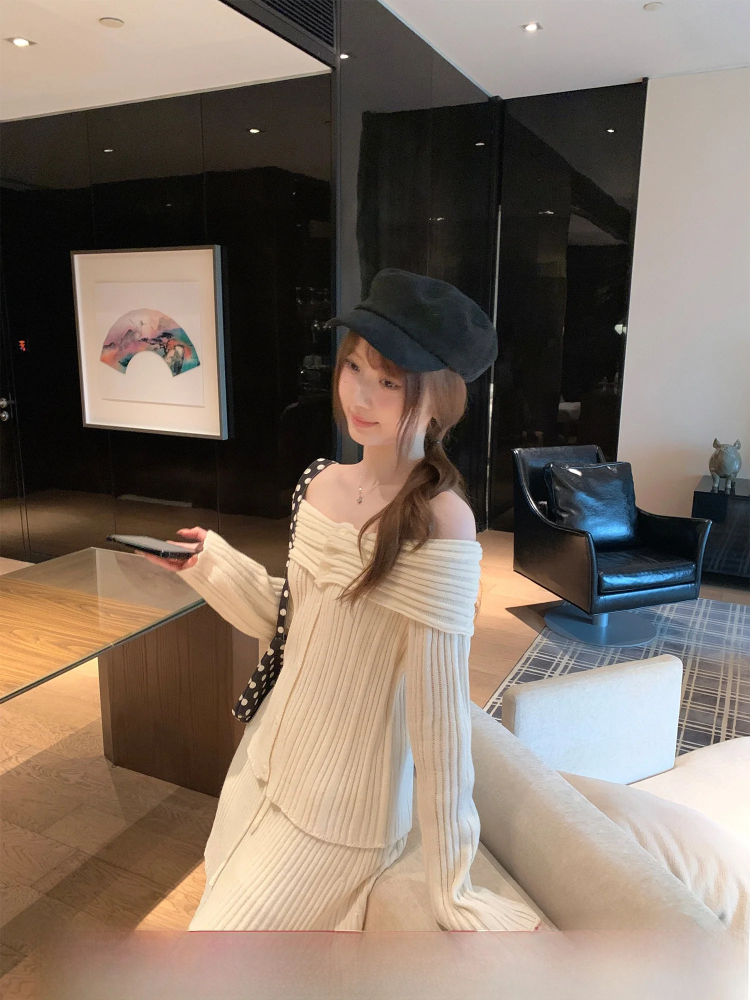 

oulder Bared Knitted Sweater And Skirt Two Piece Set for Women Early Spring Faionable Outfit Long Sve Regular Fit