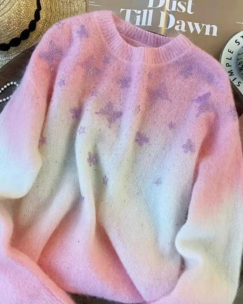 سترة وردية متدرجة للنساء سترات خريف وشتاء موضة جديدة رقبة مستديرة تريكو علوية بأكمام طويلة بلوفرات محبوكة #2