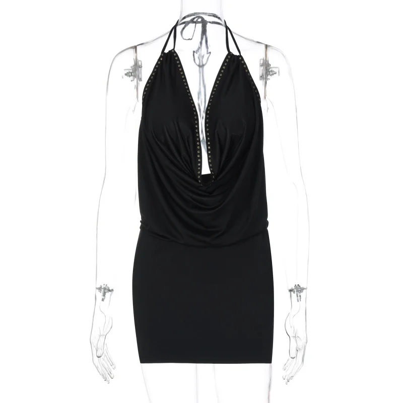 Summer New European and American Deep Splicing Backless Street Style Bodycon Halter Dress Women's Fashion