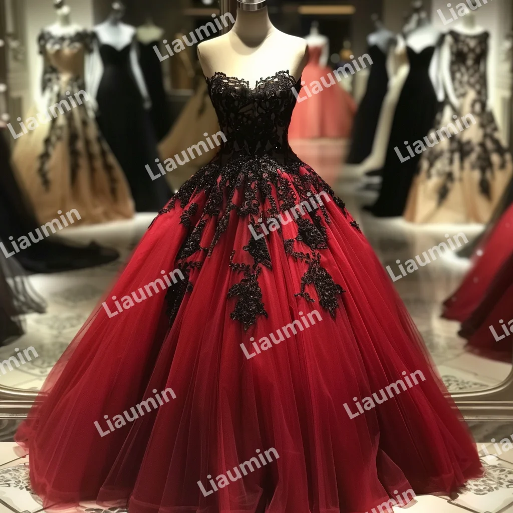 Classic Red Tulle Black Lace Applique Strapless Ball Gown Prom Formal Occasion Dresses Evening Lace Up Back Clothing A3-4.3