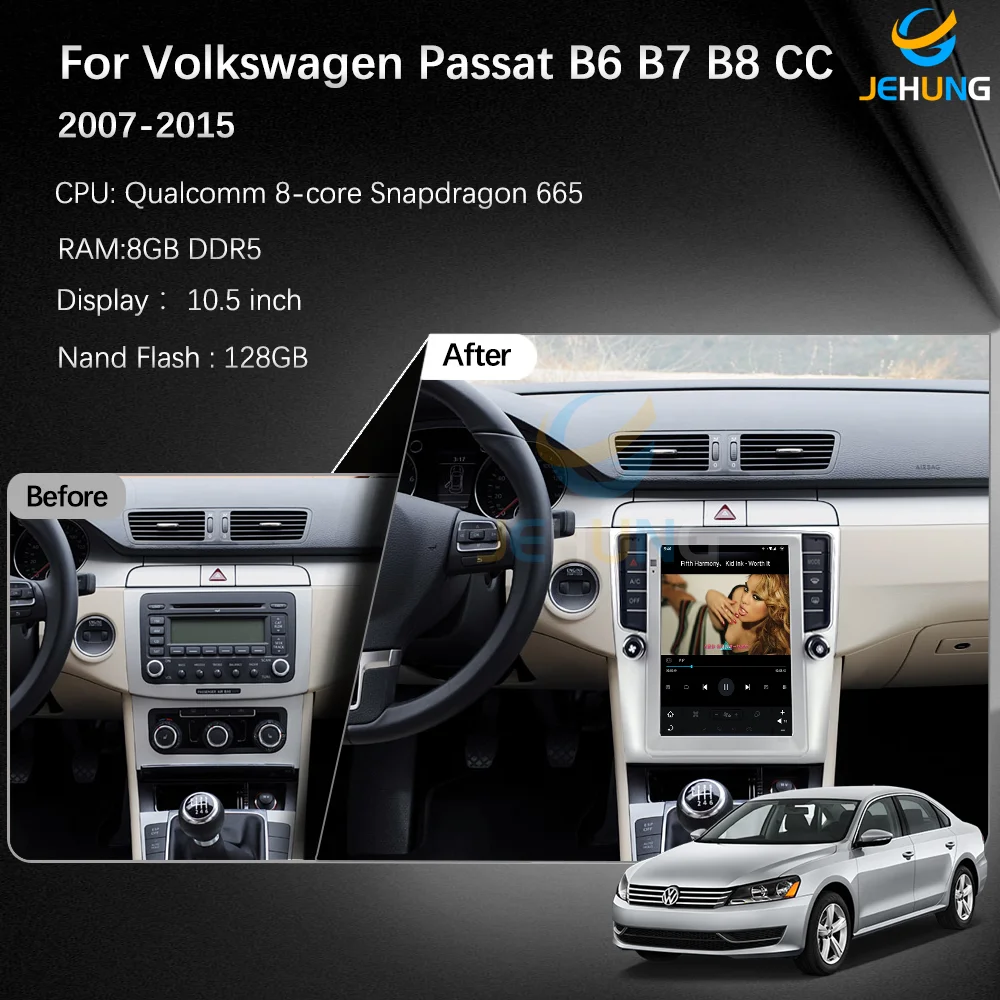 JEHUNG For Volkswagen Passat B6 B7 B8 CC 2007-2015 Car Media Player CarPlay GPS Radio 5G Navigation Qualcomm 8 cores 128G 10.5