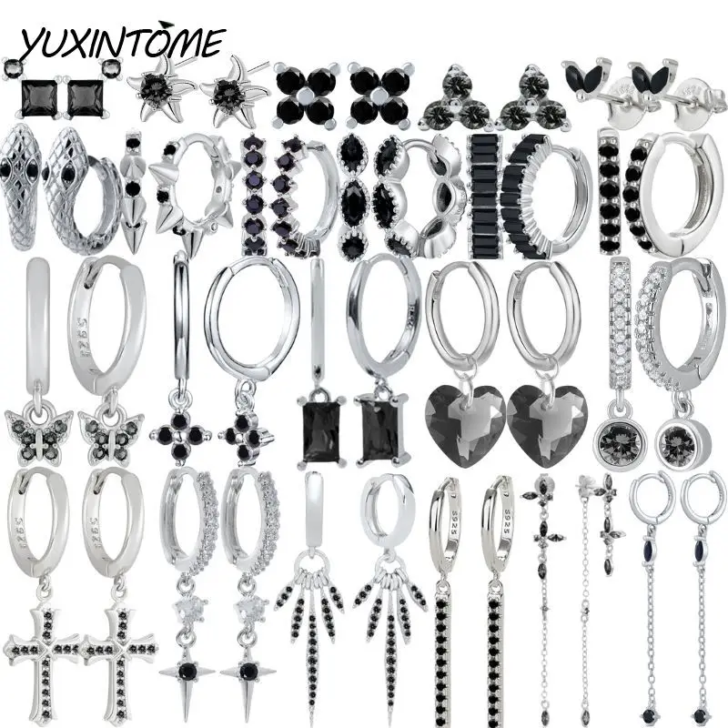 

925 Sterling Silver Needle Punk Black Series Small Hoop Earrings for Women 24K Gold Earrings Trend Jewelry Ear Accessories