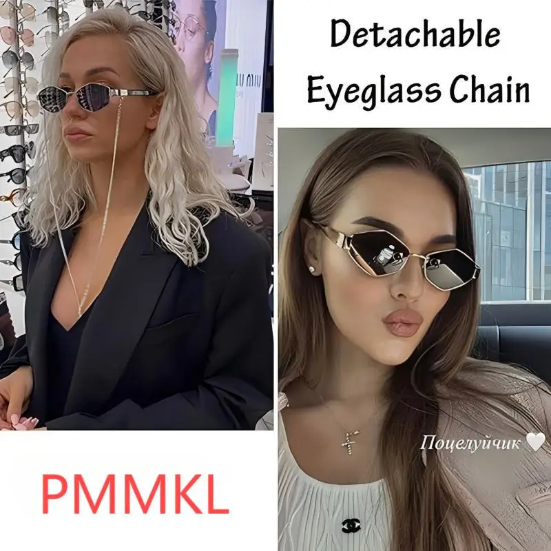 Ladies Fashion Hexagonal Sunglasses Small Frame with Chain Fashion Luxury Metal Classic Tone High Quality Casual Business Eyewea