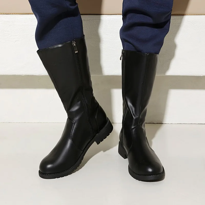 Men Boots Leather Mid Calf Boots 2026 New Round Toe Thick Heels Casual Shoes Solid Color Knight Boot Zipper Plus Size Long Boots