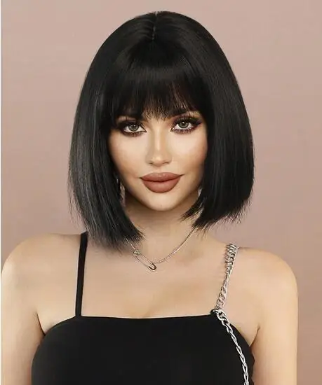 Black Straight synthetic Wig With Bangs Short Wigs Women Synthetic Wig For Cosplay Party 12 Inch