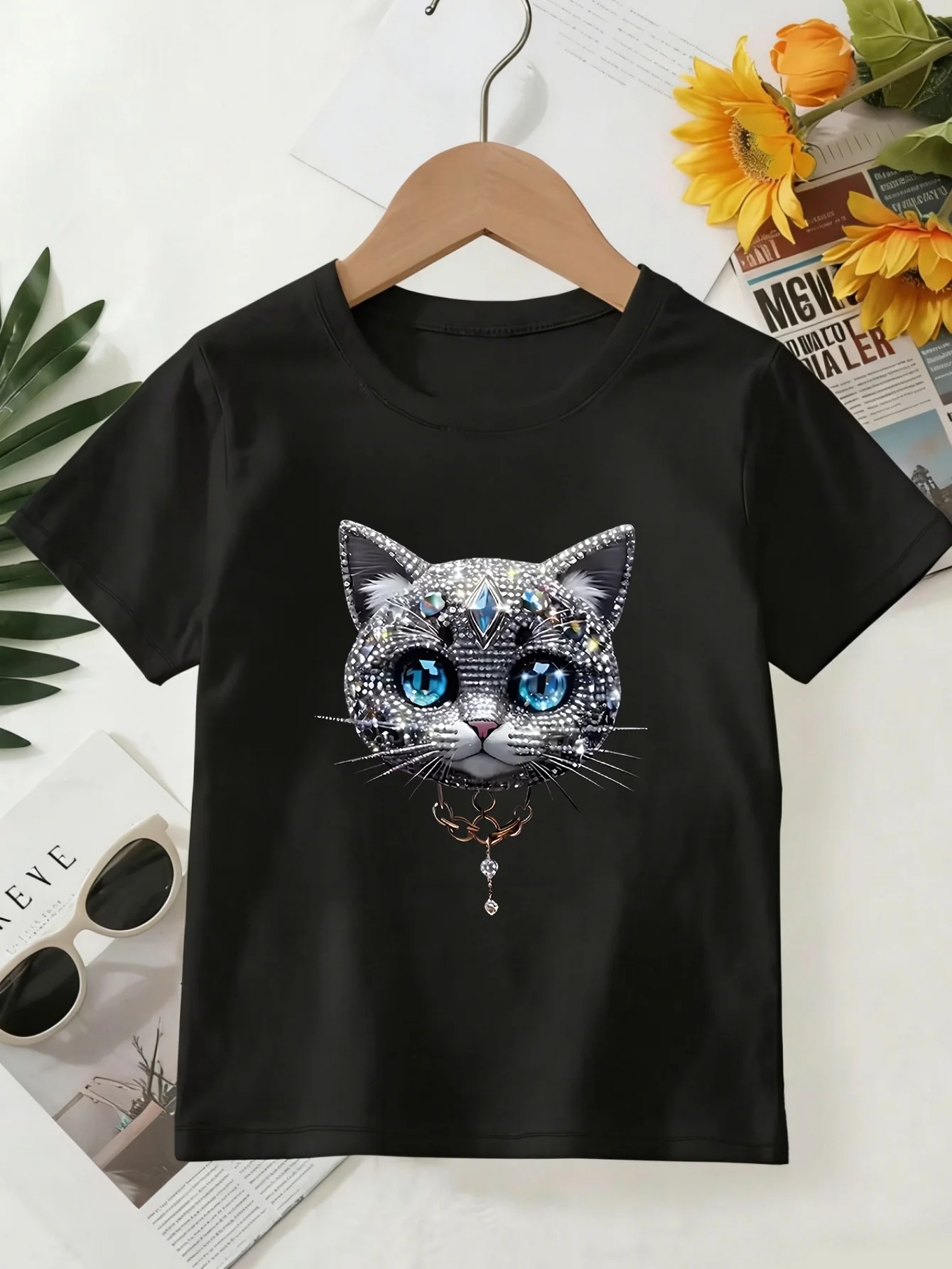 Sparkling Diamond Blue Eyed Cat Graphic Print T Shirt Family Matching Outfit Boys Girls Kids Short Sleeve Children Daily Tees