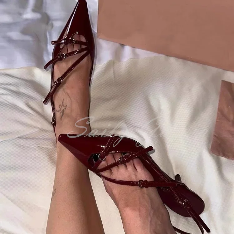 

Женские летние туфли-лодочки с острым носком и тройной пряжкой на пятке, однотонные модельные туфли на высоком каблуке с маленькой квадратной головкой для подиума