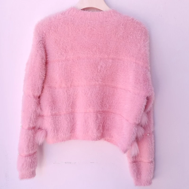 Short Real Fox Fur Trim Knitted Cardigan Sweater With Button Women Autumn V-neck Long Sleeve Knitwear Sweater