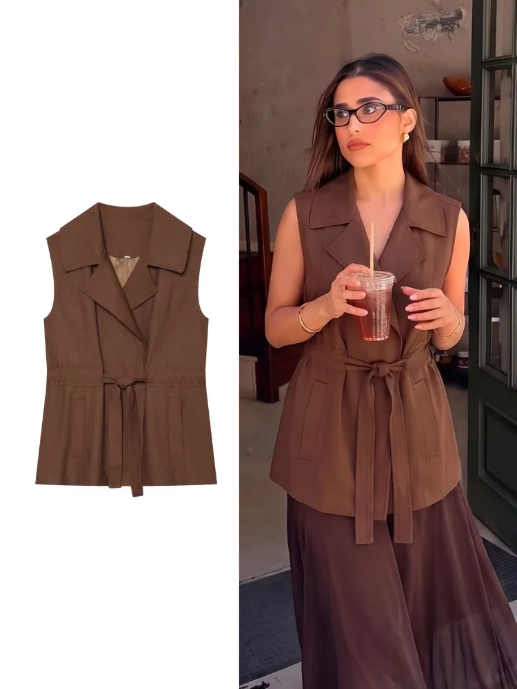 HH Women Spring Summer Elegant Brown Sleeveless Vest Jacket Lapel Collar Belted Waist For Dinner Date Work Office Vacation Wear