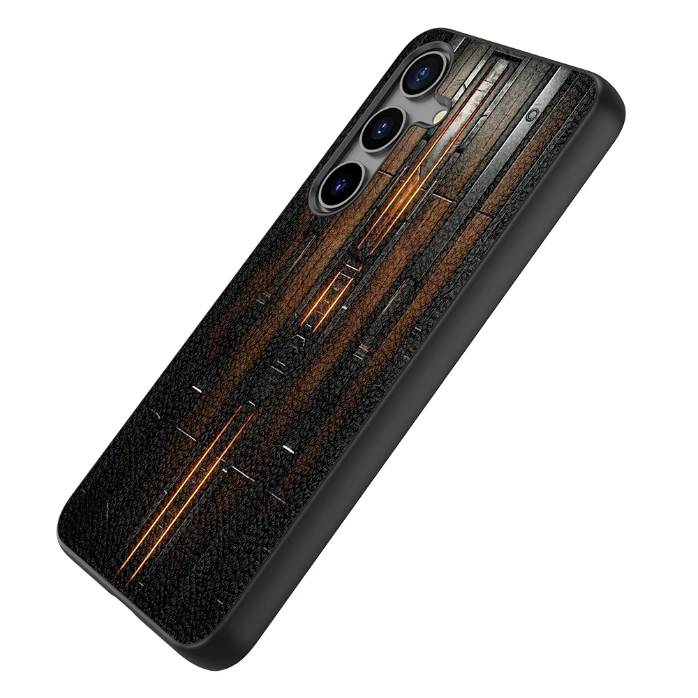 Back Cover Leather Case for Samsung Galaxy S20 S21 S22 S23 S24 Plus Ultra FE Fan Edition 5G with Wood Texture Metal Block Print