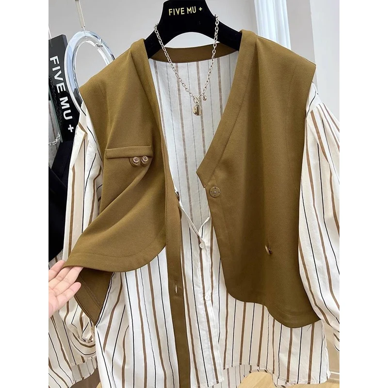 Spring Autumn New Fake Two Pieces Shirt Women V-neck Long Sleeve Fashion Button Patchwork Cardigan Striped All-match Y2K Tops