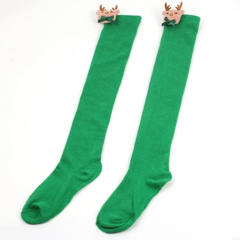 Striped Over Knee Long Socks Christmas Holiday Cartoon Plush Elk Bowknot Thigh High Stockings Hosiery for Women and Girl