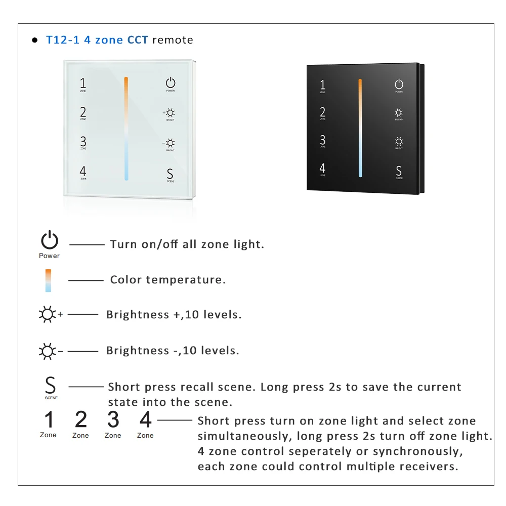 WT1 Tuya LED Controller 12V 24V 4Zone Wall Touch Panel Dimmer Wireless Smart Wifi RF Remote for Single Color CCT LED Strip Light