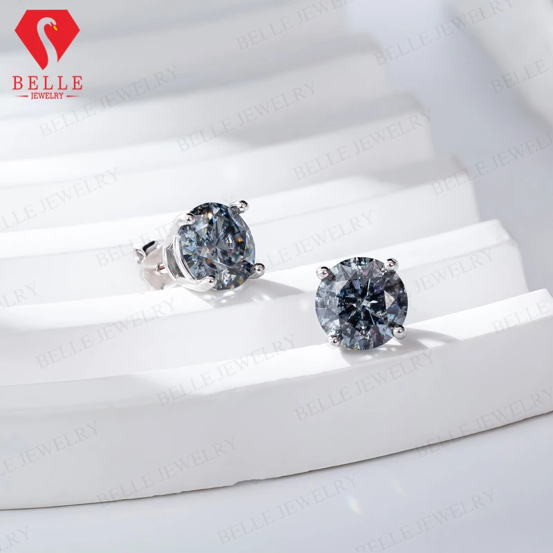 Moissanite Earrings 925 Sterling Silver Round Cut Salt and Pepper Hypoallergenic Factory Direct Gift for Her Nickel Lead-free