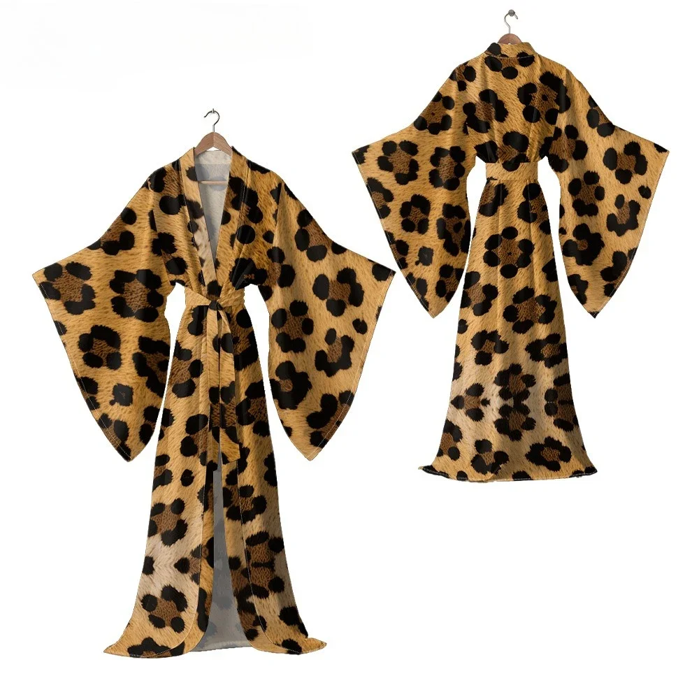 Vestido tipo kimono con estampado de leopardo para mujer, bata de manga larga, estilo ajustado, informal, Maxi, bohemio, elegante, para cubrir la playa, ropa de resort