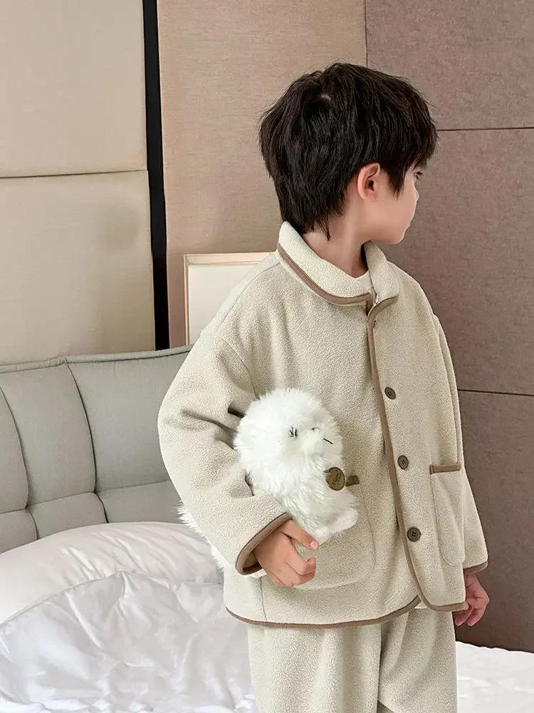 Boys Pajamas Polar Fleece Boys Pajamas Autumn and Winter Double sided Thickened Warming Solid Long-sleeved Set