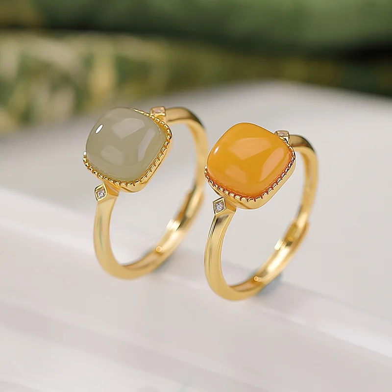 

S925 Sterling Gold Plated Hetian Qing Shui Jade Amber Geometric Square Silver Ring